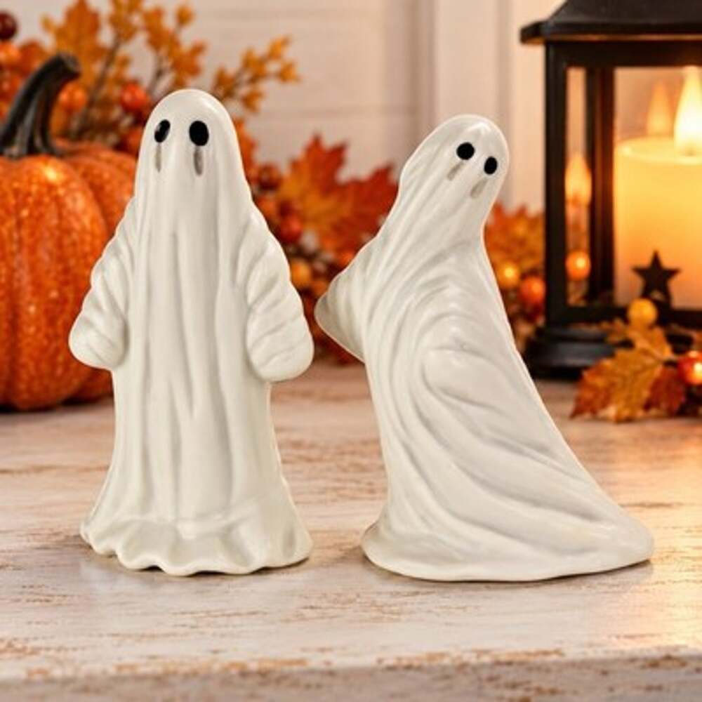 Vintage Taiwan Halloween White Ghost Figurines Set of 2 Flambro UCGC 4 Inch